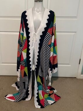 Multicolor Geometric Maxi Dress Cover-Up with Tassel Tie